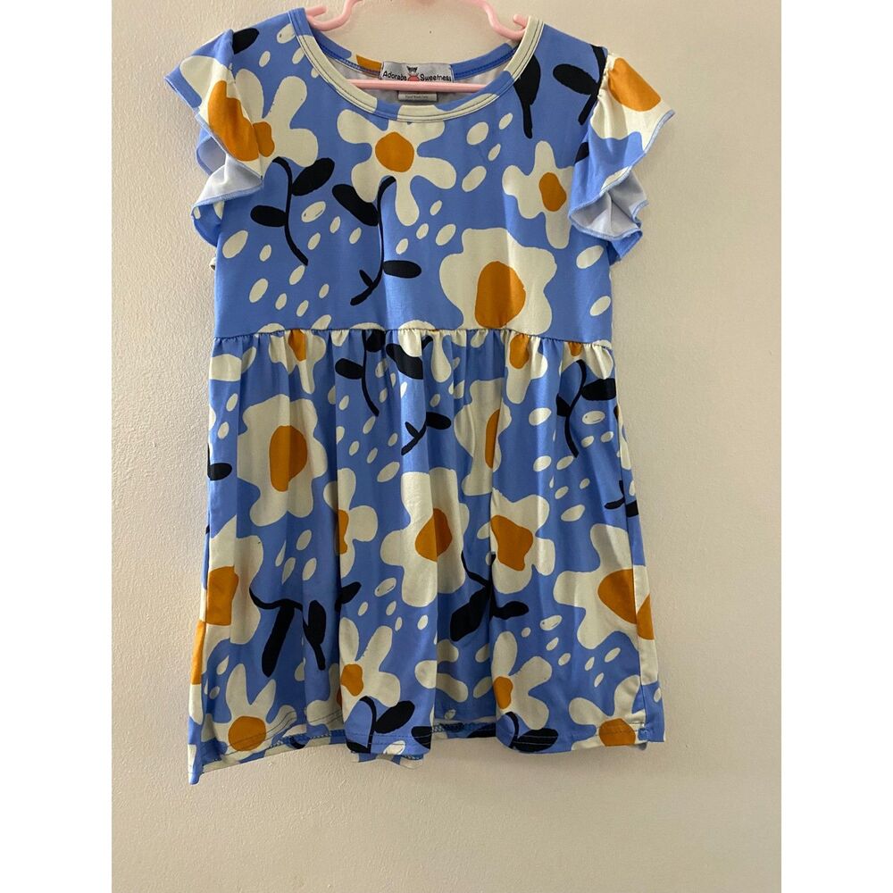 Adorable Sweetness Girls Size 7 Periwinkle Blue Yellow Retro Floral Twirl Dress